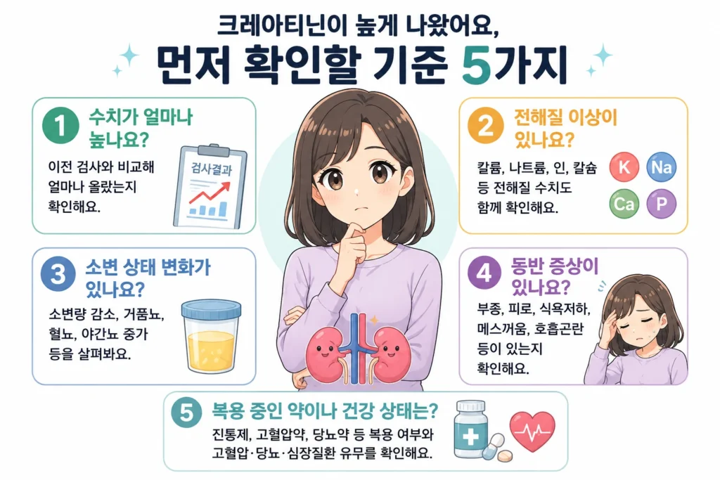 크레아티닌이 높게 나왔을 때 수치 변화, 전해질, 소변 상태, 동반 증상, 복용 약과 건강 상태를 먼저 확인하는 기준