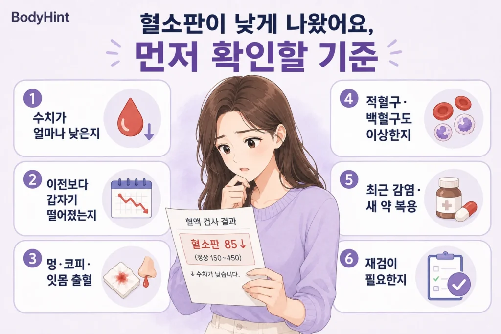 혈소판 수치가 얼마나 낮은지, 이전 검사보다 갑자기 떨어졌는지, 멍·코피·잇몸 출혈과 다른 혈액 수치 이상, 최근 감염·약 복용, 재검 필요 여부를 확인하는 여성