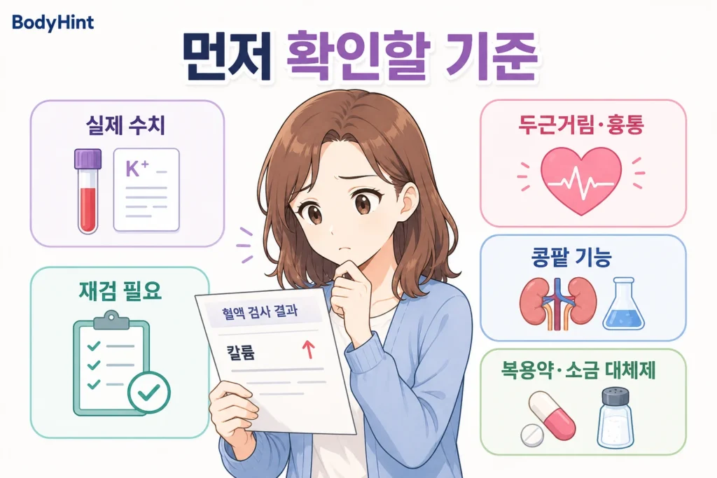 혈액검사에서 칼륨 수치가 높게 나온 결과지를 확인한 뒤 심장에 위험한지 걱정하며 휴대전화로 검색하는 여성의 공감형 2컷 만화