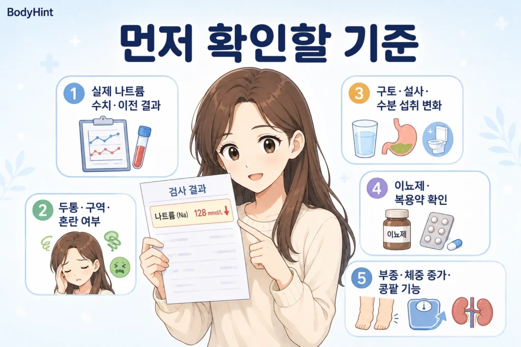 나트륨의 실제 수치와 이전 검사, 두통·구역·혼란 여부, 구토·설사와 수분 섭취 변화, 이뇨제·복용약, 부종·체중 증가와 콩팥 기능을 확인하는 여성 인포그래픽