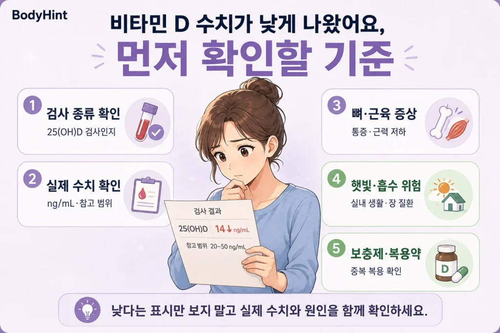 비타민 D 검사 종류와 실제 수치, 뼈·근육 증상, 햇빛 노출과 흡수 위험, 보충제·복용약 중복 여부를 먼저 확인하는 여성 인포그래픽