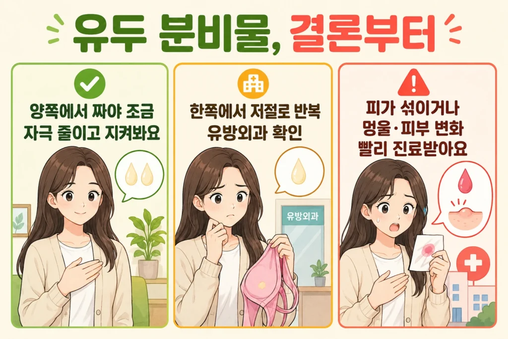 양쪽에서 짜야 조금 나오는 경우, 한쪽에서 저절로 반복되는 경우, 피가 섞이거나 멍울·피부 변화가 있는 경우를 대표 여성 캐릭터로 구분한 유두 분비물 안내 이미지