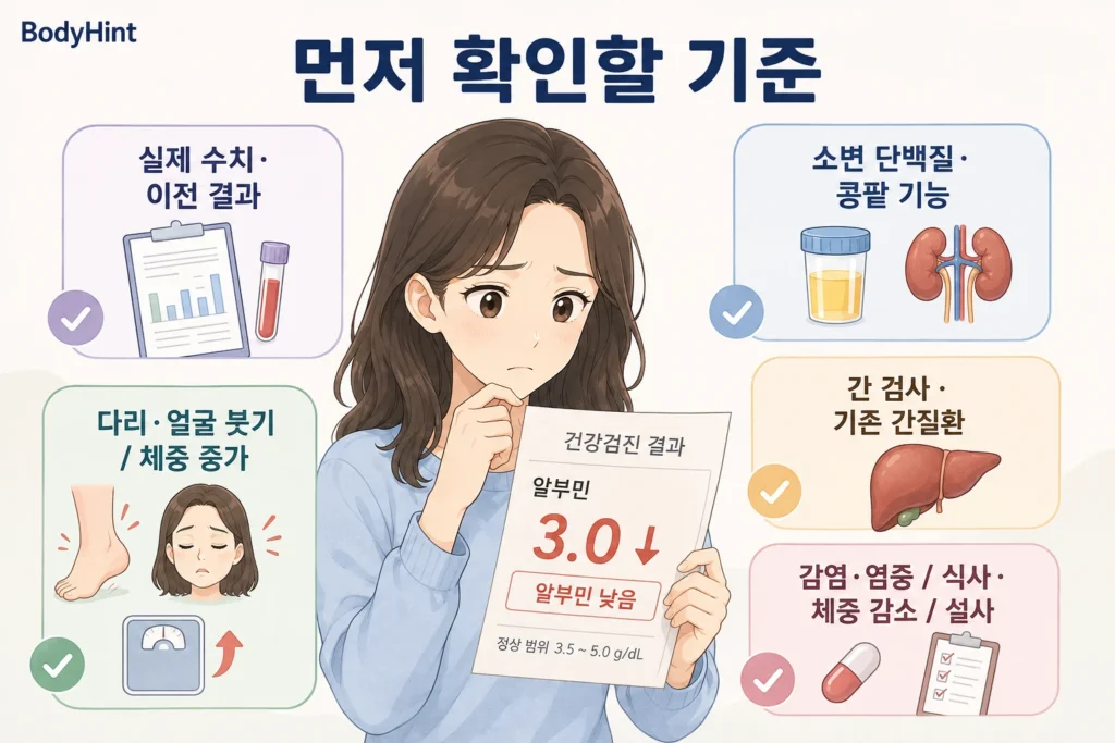 알부민 실제 수치와 이전 검사, 다리·얼굴 붓기와 체중 증가, 소변 단백질·콩팥 기능, 간 검사와 기존 간질환, 감염·염증과 식사·체중 감소·설사 여부를 먼저 확인하는 여성 인포그래픽
