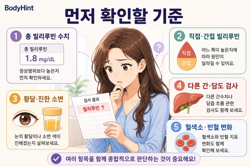 빌리루빈 수치가 높게 나왔을 때 총 빌리루빈, 직접·간접 빌리루빈, 황달과 진한 소변, 다른 간·담도 검사, 혈색소와 빈혈 변화를 먼저 확인하는 여성 인포그래픽