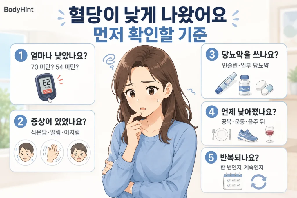 혈당이 낮게 나왔을 때 수치, 증상, 당뇨약 사용 여부, 공복·운동·음주 상황, 반복 여부를 확인하는 기준을 정리한 이미지
