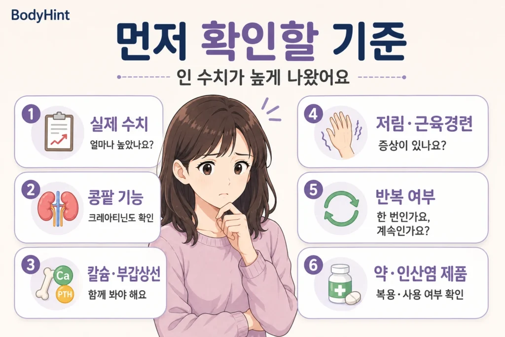 인 수치가 높게 나왔을 때 실제 수치, 콩팥 기능, 칼슘·부갑상선호르몬, 저림·근육경련, 반복 여부, 약·인산염 제품 사용 여부를 확인하는 기준을 정리한 이미지