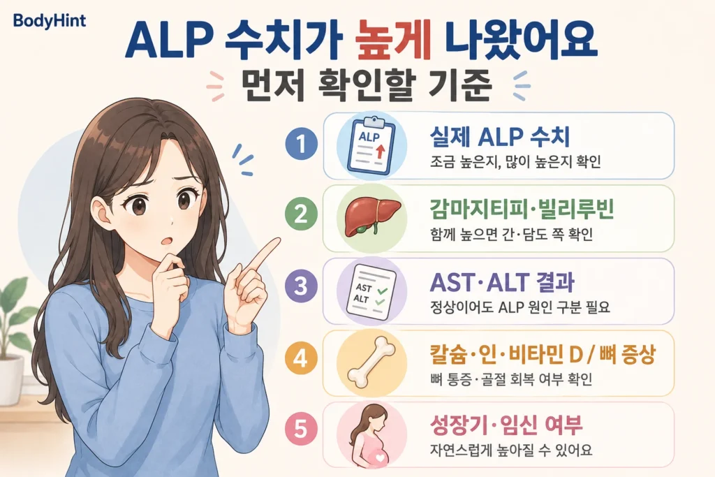 ALP 수치가 높게 나왔을 때 실제 ALP 수치, 감마지티피·빌리루빈, AST·ALT, 칼슘·인·비타민 D와 뼈 증상, 성장기·임신 여부를 확인하는 기준을 정리한 이미지