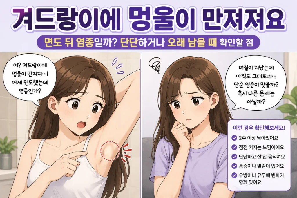 겨드랑이에 멍울이 만져진 여성이 면도 뒤 염증인지 걱정하고, 2주 이상 지속되거나 커지고 단단하며 잘 움직이지 않을 때 확인해야 할 기준을 보여주는 건강정보 이미지