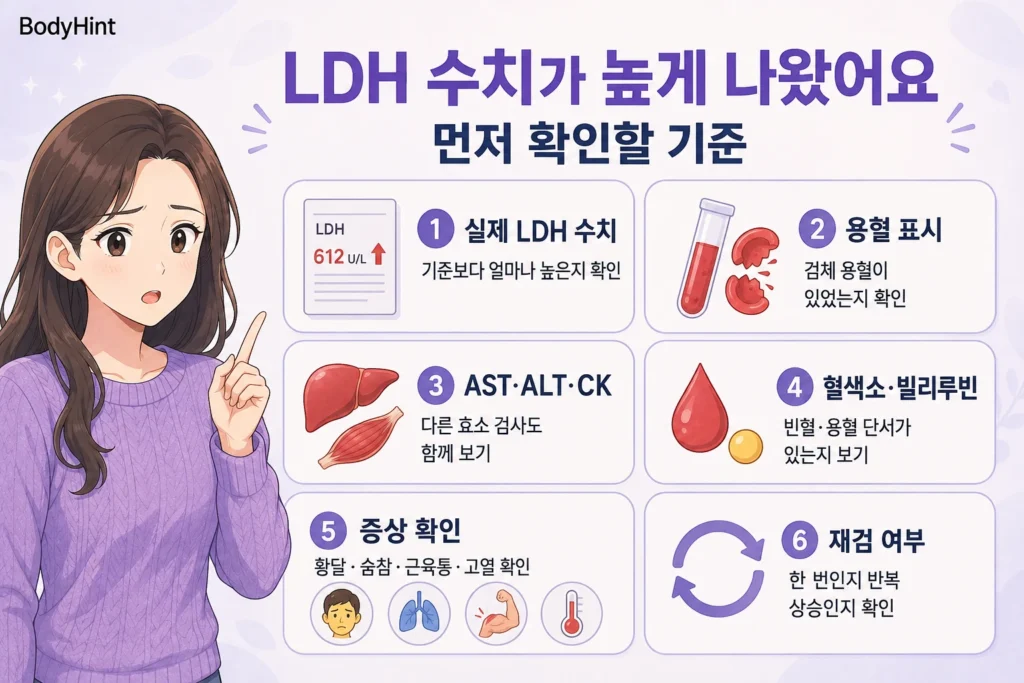 LDH 수치가 높게 나왔을 때 실제 LDH 수치, 검체 용혈 여부, AST·ALT·CK, 혈색소·빌리루빈, 황달·숨참·근육통·고열 같은 증상, 재검 여부를 확인하는 기준을 정리한 이미지