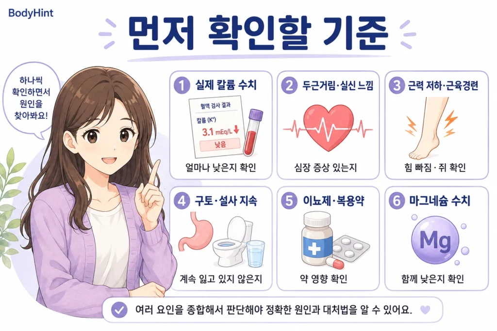 칼륨 수치가 낮게 나왔을 때 실제 칼륨 수치, 두근거림·실신 느낌, 근력 저하·근육경련, 구토·설사 지속 여부, 이뇨제·복용약, 마그네슘 수치를 확인하는 기준을 정리한 이미지