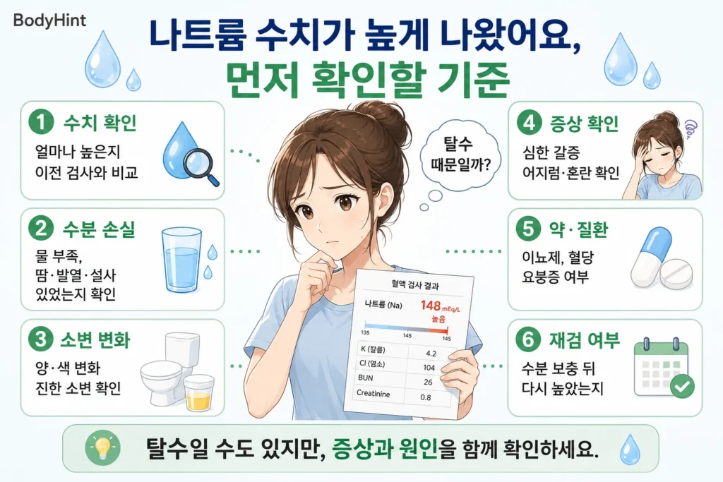 나트륨 수치가 높게 나왔을 때 실제 수치, 최근 수분 손실, 소변량·색 변화, 심한 갈증·어지럼·혼란 같은 증상, 복용약·질환, 수분 보충 후 재검 여부를 확인하는 기준을 정리한 이미지