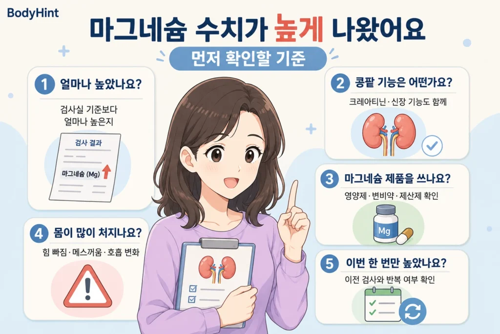 마그네슘 수치가 높게 나왔을 때 실제 수치, 콩팥 기능, 마그네슘이 든 제품 사용, 힘 빠짐·호흡 변화, 반복 여부를 확인하는 기준을 정리한 안내 이미지