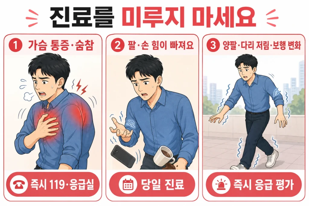 날개뼈 통증과 함께 가슴 통증·숨참이 나타나는 경우, 팔과 손의 힘이 빠지는 경우, 양팔·다리 저림과 보행 변화가 생긴 경우 진료를 미루지 말아야 한다고 안내하는 대표 남성 캐릭터 3컷 이미지