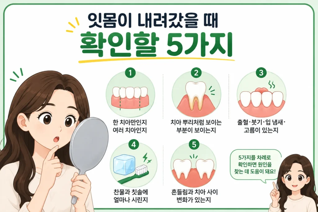 잇몸이 내려갔을 때 한 치아만 변했는지, 치아 뿌리가 보이는지, 출혈·붓기·입 냄새·고름이 있는지, 찬물과 칫솔에 시린지, 치아 흔들림과 사이 변화가 있는지 확인하는 5가지 이미지