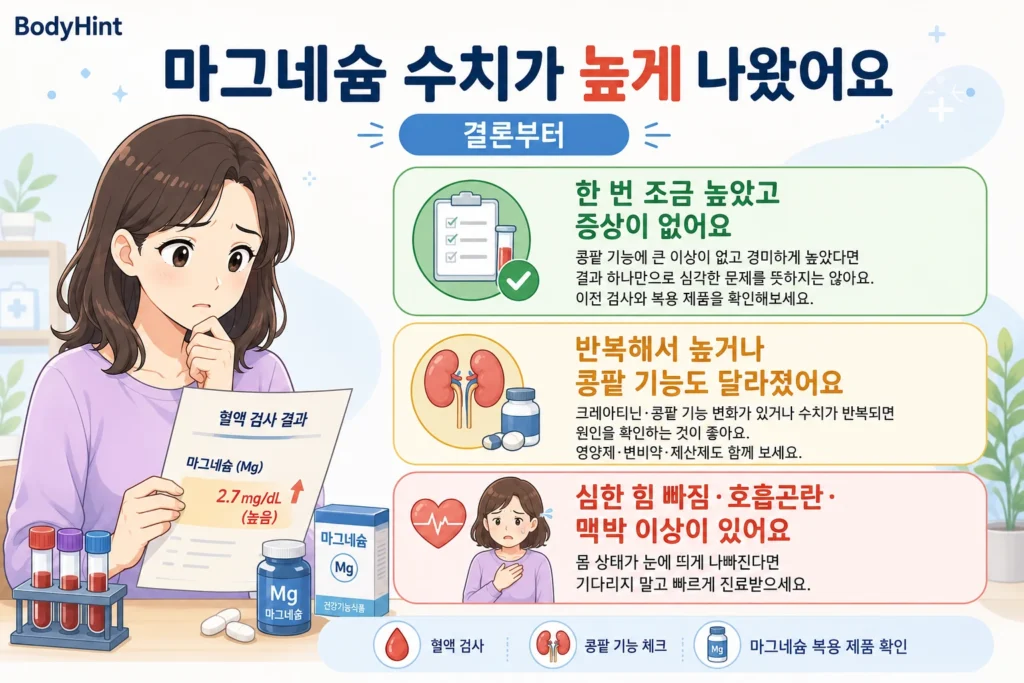마그네슘 수치가 높게 나왔을 때 한 번 조금 높고 증상이 없는 경우, 반복해서 높거나 콩팥 기능도 달라진 경우, 심한 힘 빠짐·호흡곤란·맥박 이상이 함께 나타나는 경우를 구분한 결론부터 안내 이미지