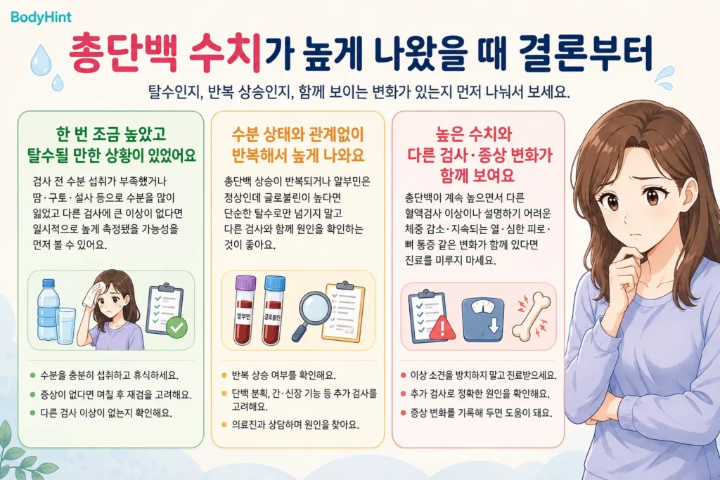 총단백 수치가 높게 나왔을 때 탈수로 일시적으로 높아진 경우, 수분 상태와 관계없이 반복해서 높은 경우, 다른 검사와 증상 변화가 함께 나타나는 경우를 구분한 결론부터 안내 이미지