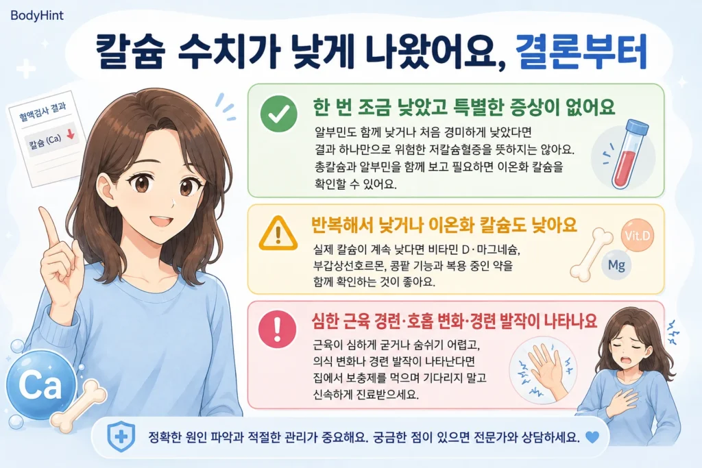 칼슘 수치가 낮게 나왔을 때 한 번 조금 낮고 증상이 없는 경우, 반복해서 낮거나 이온화 칼슘도 낮은 경우, 심한 근육 경련·호흡 변화·경련 발작이 나타나는 경우를 구분한 결론부터 안내 이미지