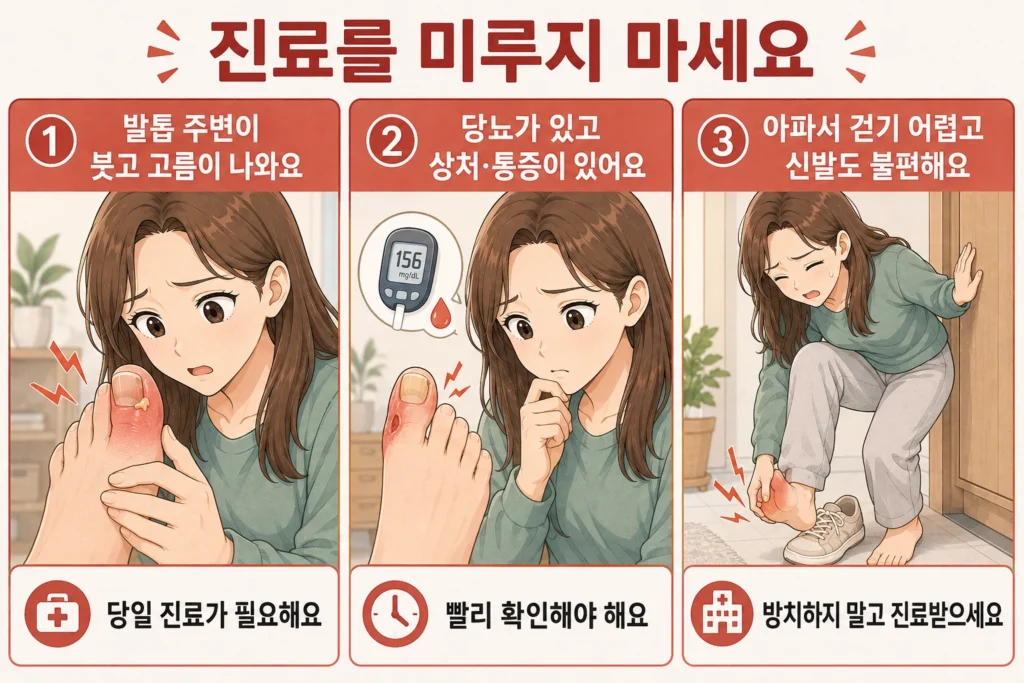 발톱 주변이 붓고 고름이 나오는 경우, 당뇨가 있으면서 발톱 주변 상처와 통증이 생긴 경우, 통증 때문에 신발을 신거나 걷기 어려운 경우 진료를 미루지 말아야 한다고 안내하는 대표 여성 캐릭터 3컷 이미지