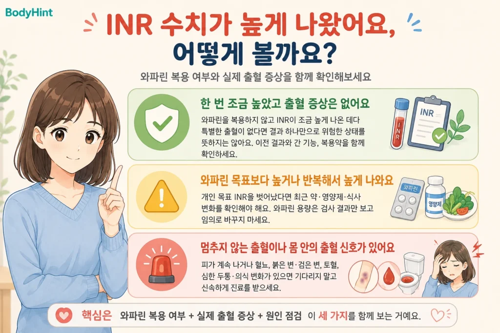 INR 수치가 높게 나왔을 때 한 번 조금 높고 출혈 증상이 없는 경우, 와파린 목표보다 높거나 반복해서 높은 경우, 멈추지 않는 출혈이나 몸 안의 출혈 신호가 있는 경우를 구분한 결론부터 안내 이미지