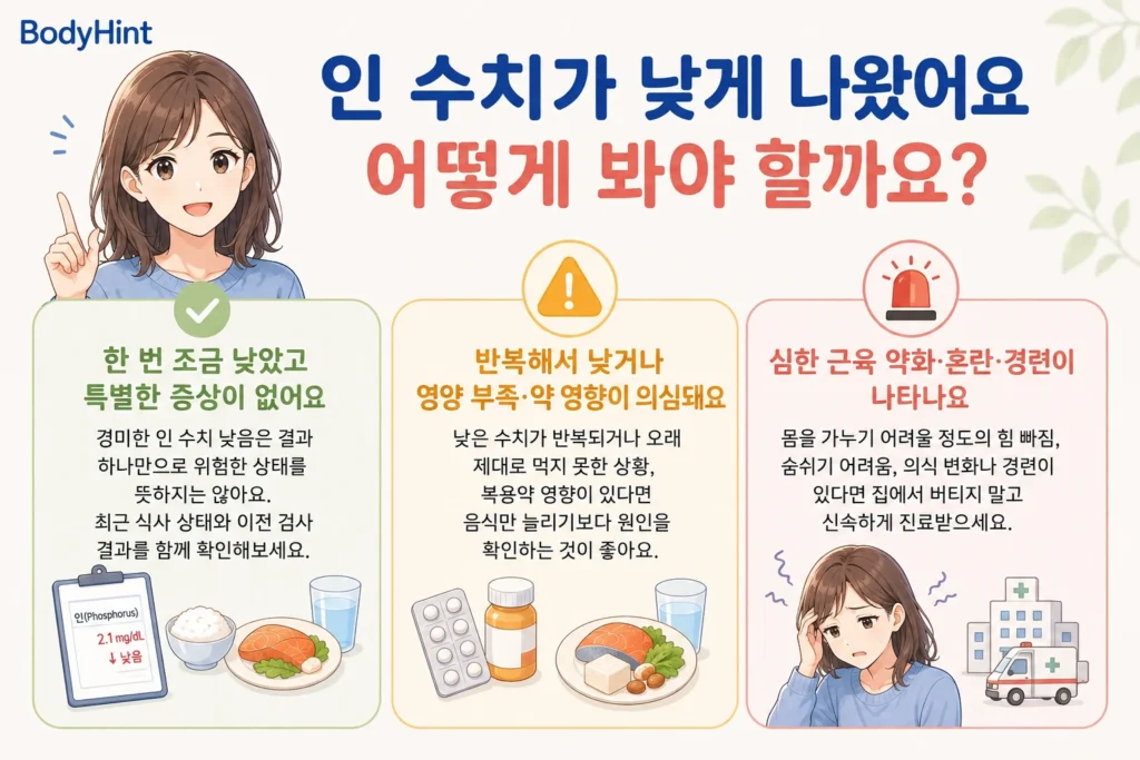 인 수치가 낮게 나왔을 때 한 번 조금 낮고 특별한 증상이 없는 경우, 반복해서 낮거나 영양 부족·약 영향이 의심되는 경우, 심한 근육 약화·혼란·경련이 나타나는 경우를 구분한 결론부터 안내 이미지