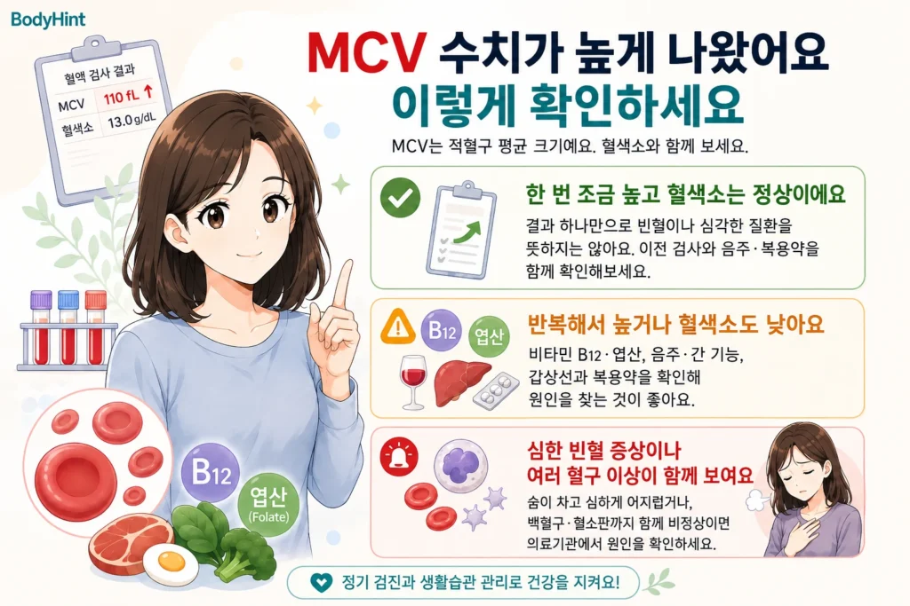 MCV 수치가 높게 나왔을 때 한 번 조금 높고 혈색소는 정상인 경우, 반복해서 높거나 혈색소도 낮은 경우, 심한 빈혈 증상이나 여러 혈구 이상이 함께 나타나는 경우를 구분한 결론부터 안내 이미지