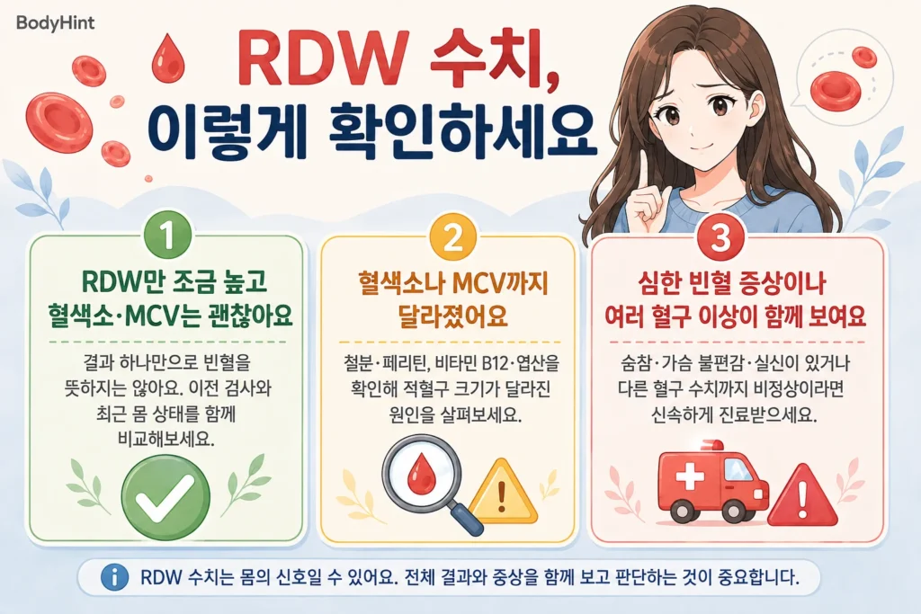 RDW 수치가 높게 나왔을 때 RDW만 조금 높고 혈색소·MCV는 정상인 경우, 혈색소나 MCV까지 달라진 경우, 심한 빈혈 증상이나 여러 혈구 이상이 함께 나타나는 경우를 구분한 결론부터 안내 이미지