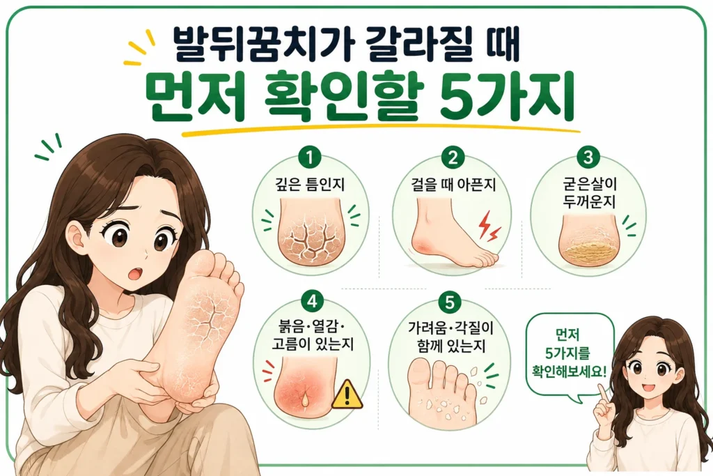 발뒤꿈치가 갈라졌을 때 균열이 깊은지, 걸을 때 아픈지, 굳은살이 두꺼운지, 붉음·열감·고름이 있는지, 가려움과 각질이 함께 있는지 확인하는 5가지 이미지
