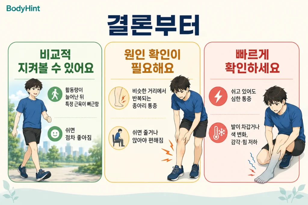 걸을 때 종아리 통증을 활동량 증가 후 근육통, 반복되는 보행 통증, 쉬고 있어도 심한 통증과 발의 색·온도 변화로 나누어 보여주는 일본애니풍 BodyHint 결론 요약 이미지