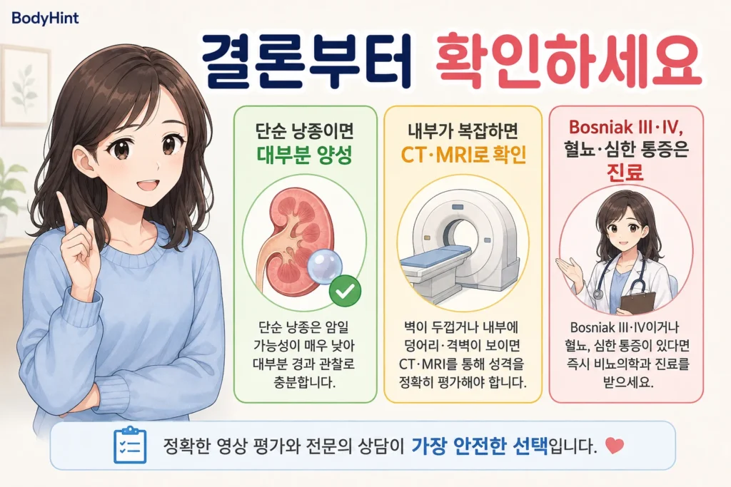 단순 신장 낭종은 대부분 양성이며 내부가 복잡하면 CT나 MRI로 확인하고 Bosniak III·IV 또는 혈뇨와 심한 통증이 있으면 진료가 중요하다는 BodyHint 결론 이미지