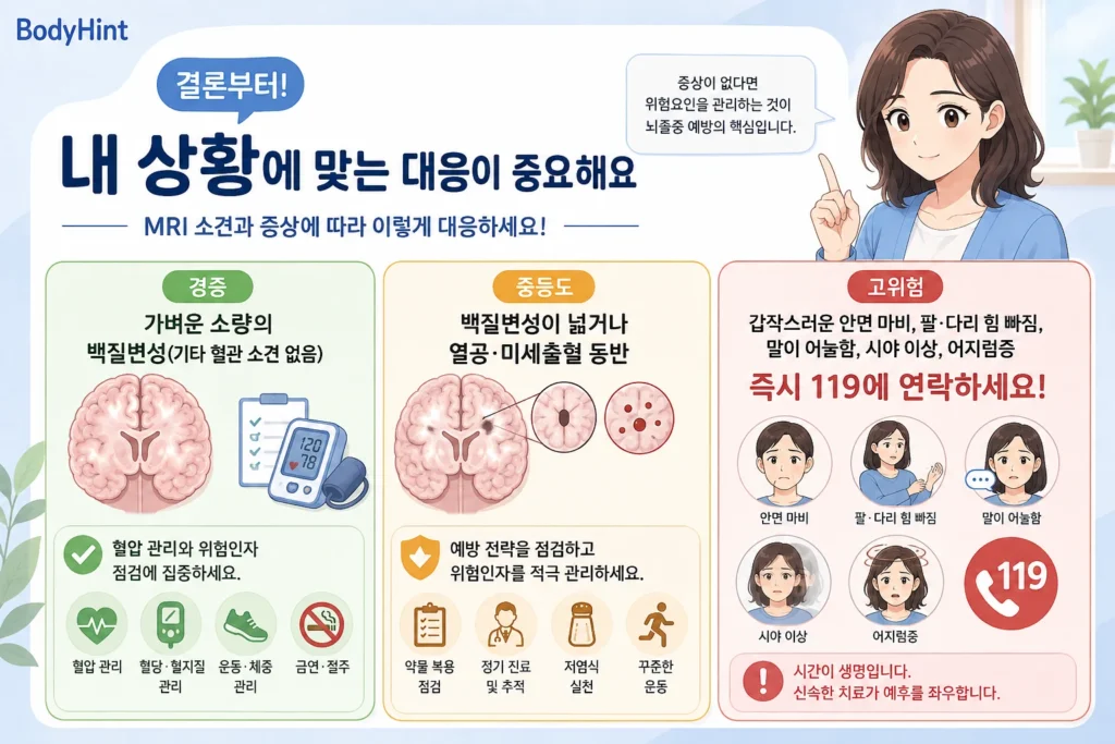 경미한 백질변성은 혈관 위험요인을 관리하고, 넓은 백질변성이나 열공·미세출혈이 있으면 추가 평가하며, 갑작스러운 마비·말하기 이상이 생기면 즉시 119를 이용하는 행동 기준