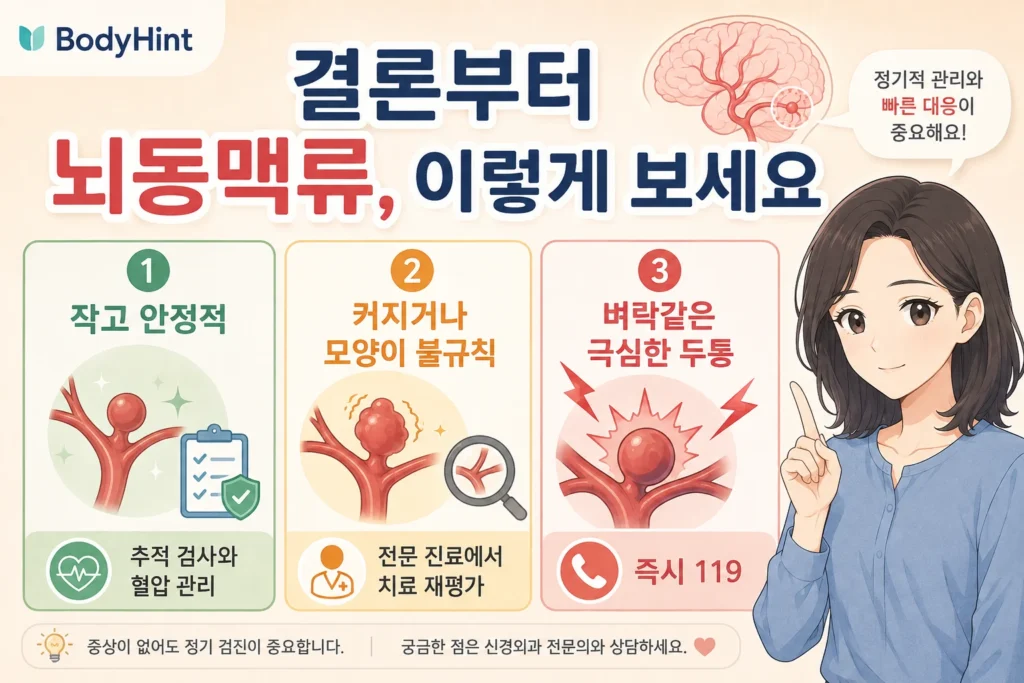 작고 안정적인 뇌동맥류는 추적검사와 혈압 관리를 하고, 커지거나 모양이 불규칙하면 전문 진료에서 치료를 재평가하며, 벼락 같은 극심한 두통이 생기면 즉시 119를 이용하는 행동 기준