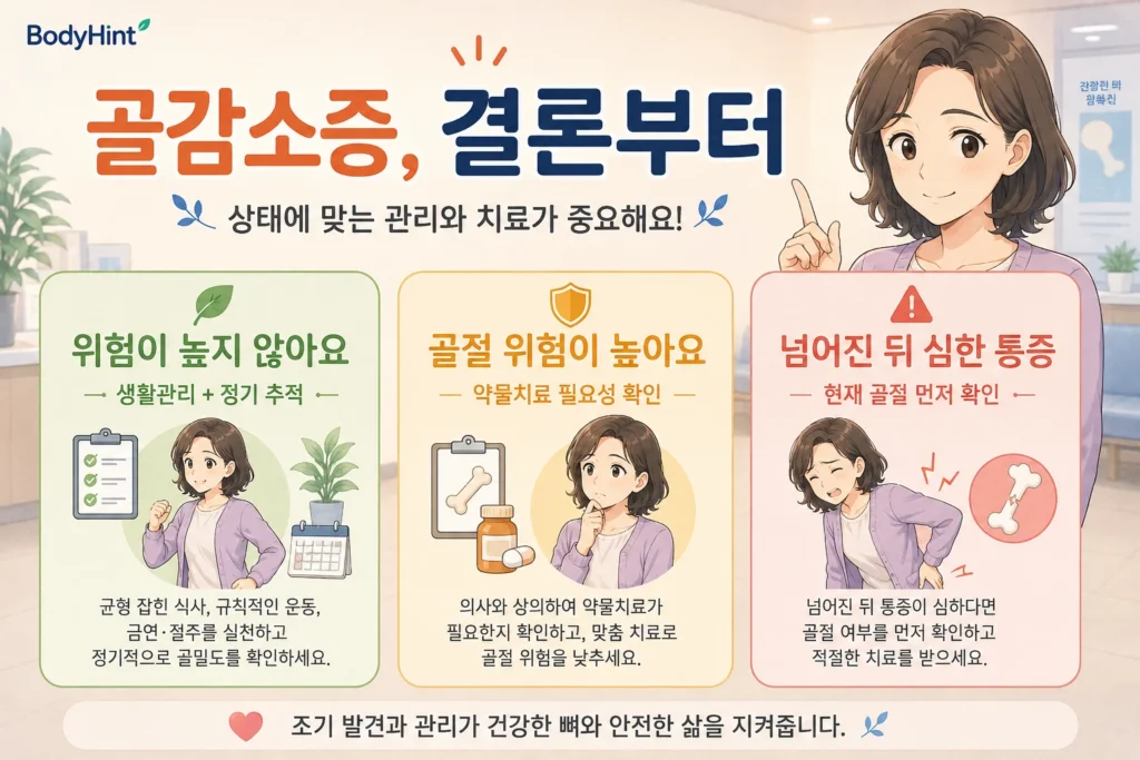 골절 위험이 높지 않은 골감소증은 생활관리와 추적을 하고, 골절 위험이 높으면 약물치료 필요성을 확인하며, 넘어진 뒤 심한 통증이 있으면 현재 골절을 먼저 확인하는 행동 기준