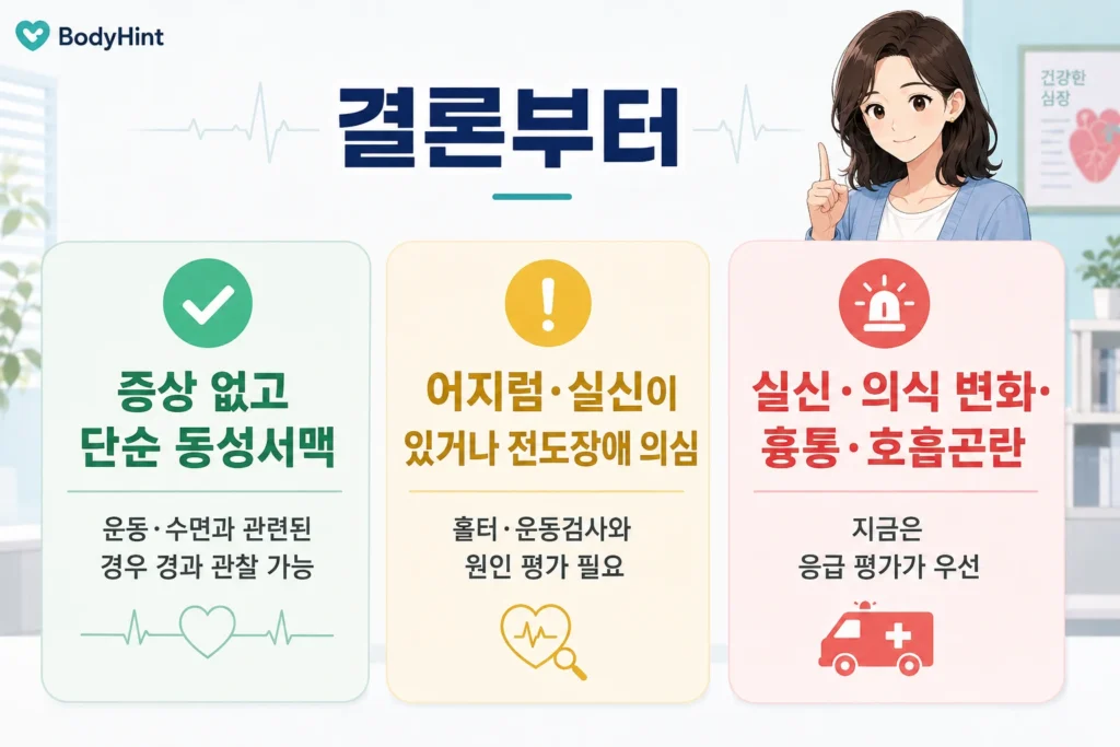 증상 없는 단순 동성서맥은 경과를 보고, 어지럼·실신이나 전도장애가 의심되면 추가 검사를 하며, 실신·의식 변화·흉통·호흡곤란이 있으면 즉시 응급 평가가 필요한 서맥 행동 기준