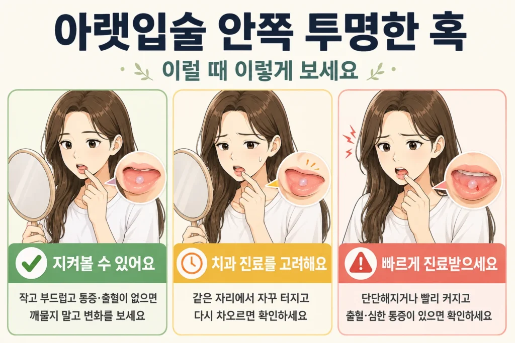 아랫입술 안쪽의 투명한 혹이 작고 부드러우며 통증과 출혈이 없으면 지켜보고, 같은 자리에서 반복해서 터지고 다시 차오르면 치과 진료를 고려하며, 단단해지거나 빠르게 커지고 출혈·심한 통증이 있으면 빠르게 진료받아야 한다는 결론부터 3단계 이미지