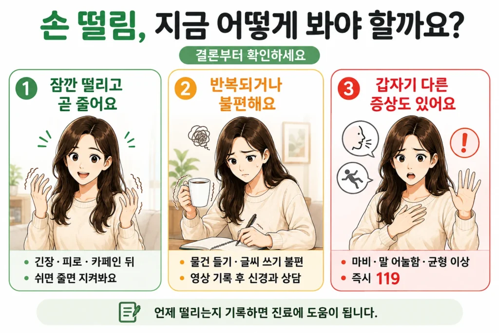 긴장·피로·카페인 뒤 잠깐 나타나는 손 떨림, 반복되어 물건 들기와 글씨 쓰기를 방해하는 떨림, 마비·말 어눌함·균형 이상이 함께 나타나는 경우를 대표 여성 캐릭터로 구분한 결론부터 이미지