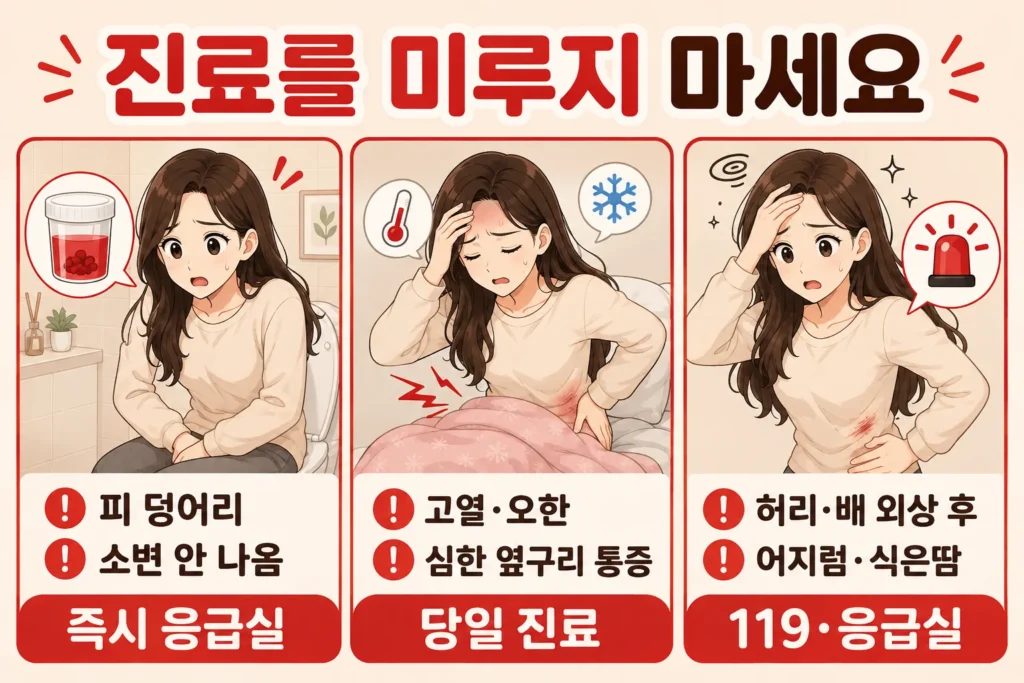 붉은 소변과 함께 피 덩어리로 소변이 나오지 않거나 고열·오한과 심한 옆구리 통증, 외상 후 어지럼과 식은땀이 있을 때 응급 진료가 필요함을 보여주는 3컷 이미지