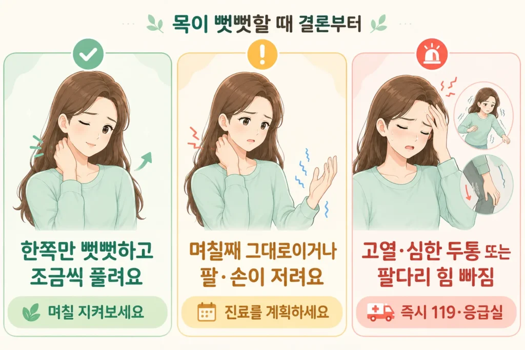 목이 뻣뻣할 때 한쪽만 뻐근하고 조금씩 풀려 지켜볼 수 있는 경우, 며칠째 그대로이거나 팔·손이 저려 진료를 계획할 경우, 고열·심한 두통 또는 팔다리 힘 빠짐으로 즉시 진료가 필요한 경우를 여성 캐릭터로 설명한 이미지