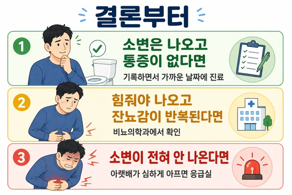짧은 검은 머리 남성이 소변은 나오고 통증이 없을 때 기록하며 진료를 계획하고, 힘줘야 나오거나 잔뇨감이 반복될 때 비뇨의학과를 찾으며, 소변이 전혀 나오지 않고 아랫배가 아플 때 응급실로 가야 하는 기준