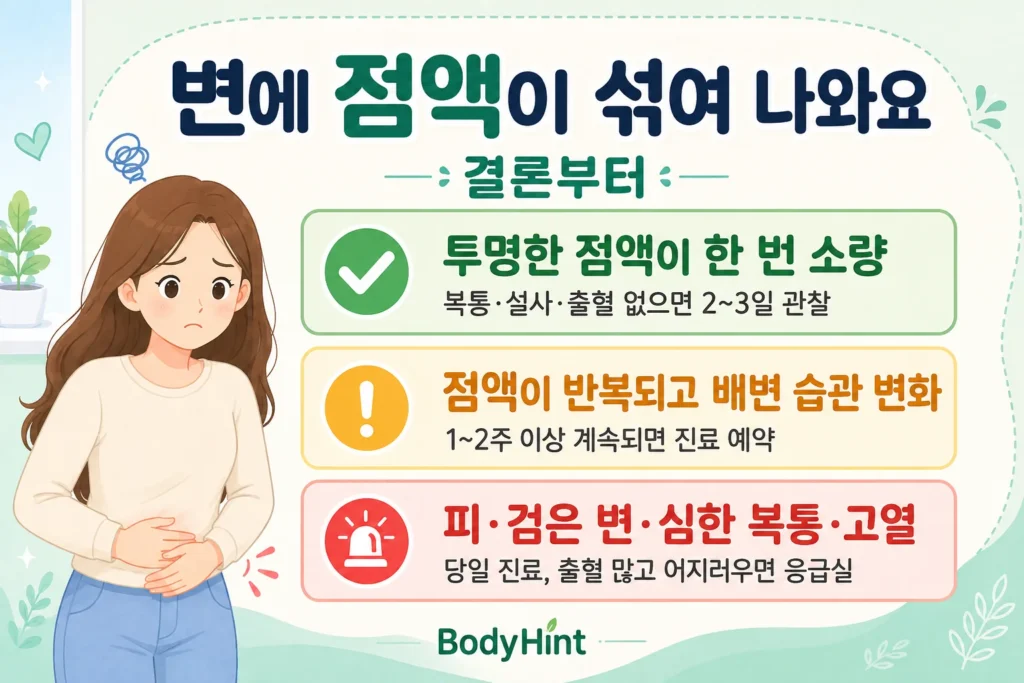 긴 갈색 머리 여성이 아랫배를 짚고 투명한 점액이 한 번 소량 보일 때의 관찰 기준, 점액변 반복 시 진료, 피·검은 변·심한 복통·고열이 있을 때의 빠른 진료 기준을 확인하는 모습