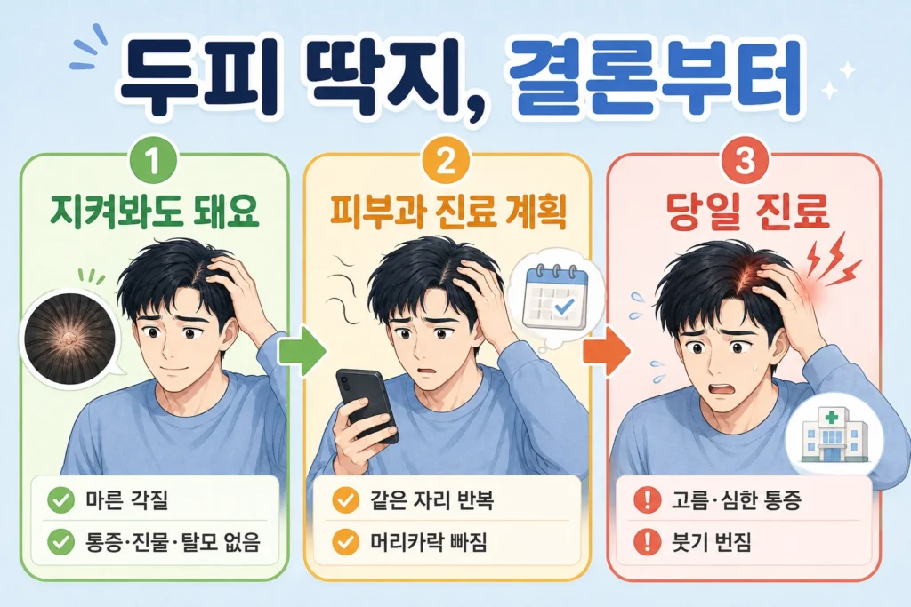 짧은 검은 머리의 남성이 두피 딱지 상태에 따라 마른 각질은 지켜보고, 반복되거나 머리카락이 빠지면 피부과 진료를 계획하며, 고름·심한 통증·번지는 붓기는 당일 진료가 필요함을 확인하는 3단계 안내