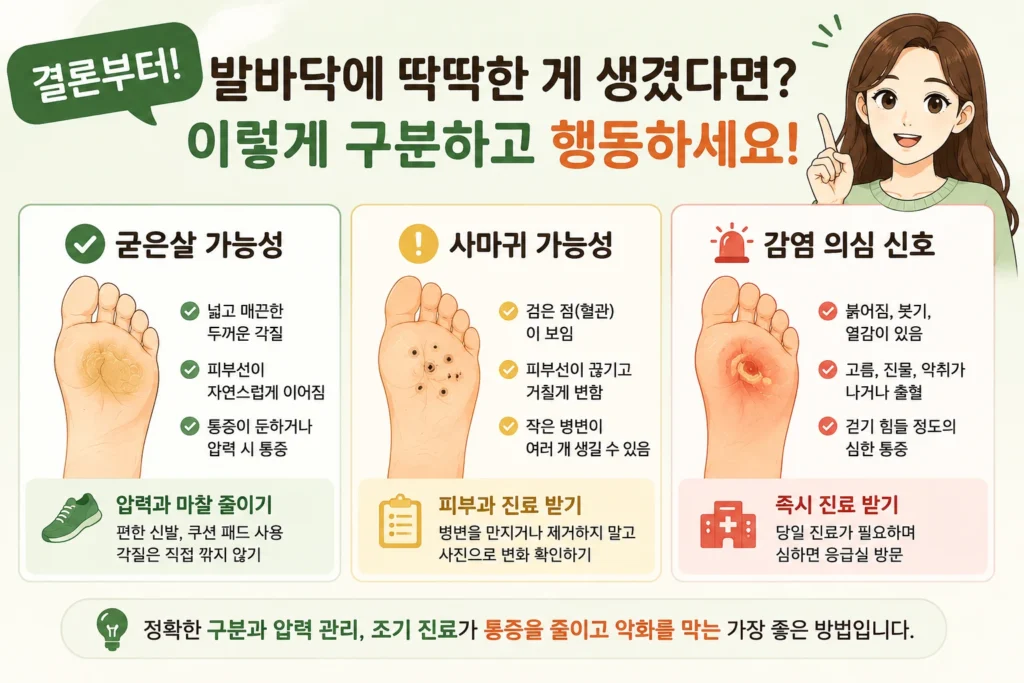 긴 갈색 머리의 여성 대표캐릭터와 함께 넓고 매끈한 각질은 굳은살 가능성, 검은 점과 끊긴 피부선은 사마귀 가능성, 붓기·열감·고름·출혈은 빠른 진료가 필요한 감염 의심 신호로 구분한 안내 이미지