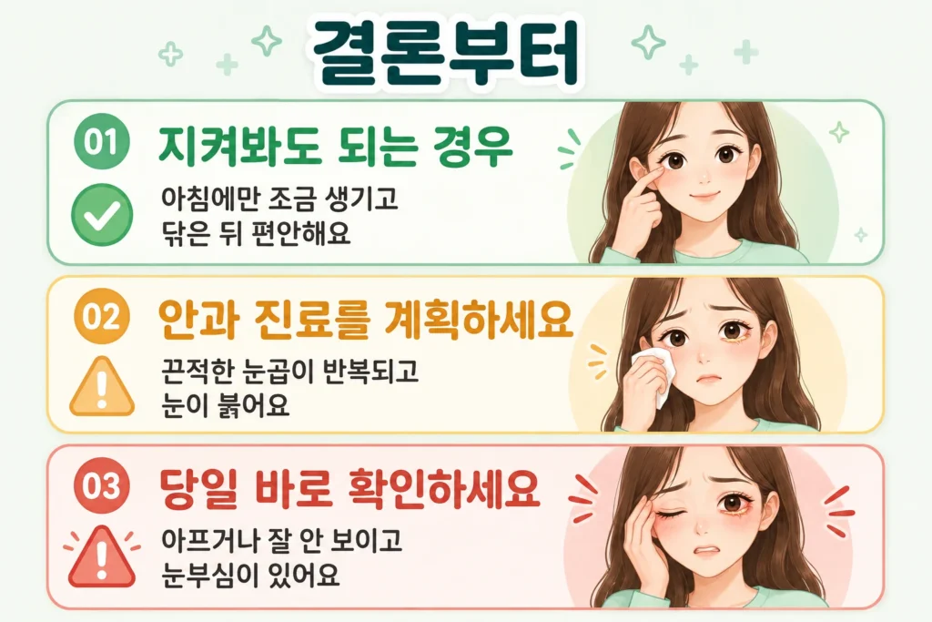 긴 갈색 머리의 여성이 눈곱 증상을 확인하며 지켜봐도 되는 경우, 안과 진료를 계획할 경우, 당일 바로 확인할 경우를 초록·노랑·빨강 3단계로 보여주는 안내 이미지