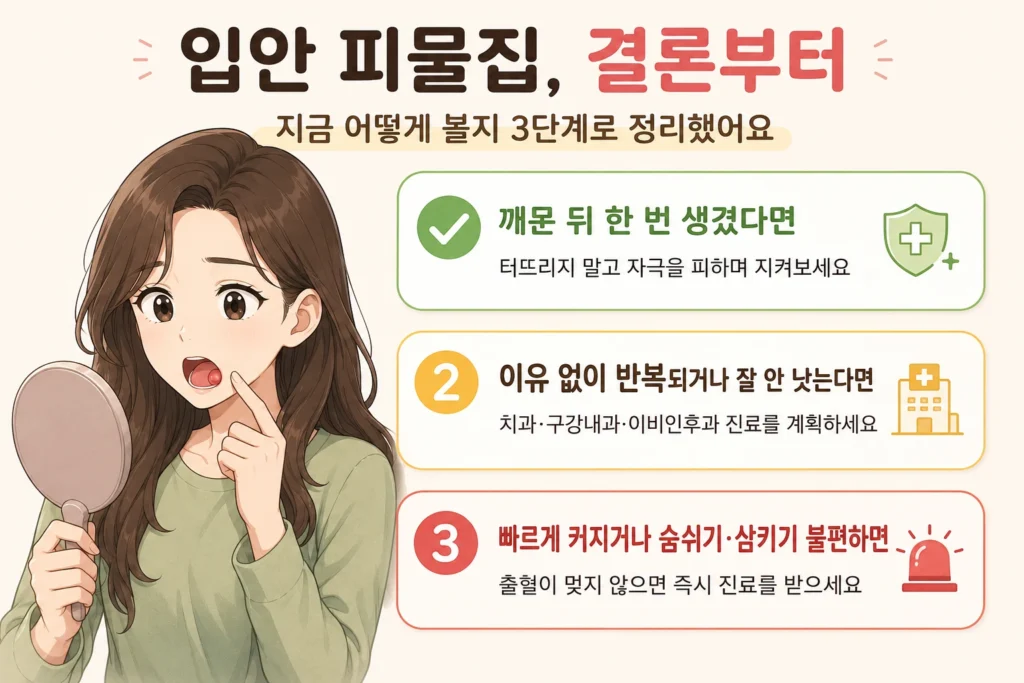 입안 피물집이 생겼을 때 지켜볼 수 있는 경우, 진료를 계획할 경우, 즉시 확인이 필요한 경우를 대표캐릭터와 함께 3단계로 정리한 이미지