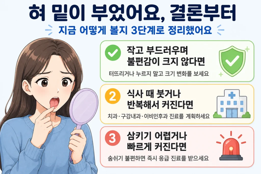 혀 밑이 부었을 때 지켜볼 수 있는 경우, 식사 때 반복되거나 커질 때 진료가 필요한 경우, 삼키기·호흡이 불편할 때 응급 확인이 필요한 경우를 대표캐릭터와 함께 3단계로 정리한 이미지