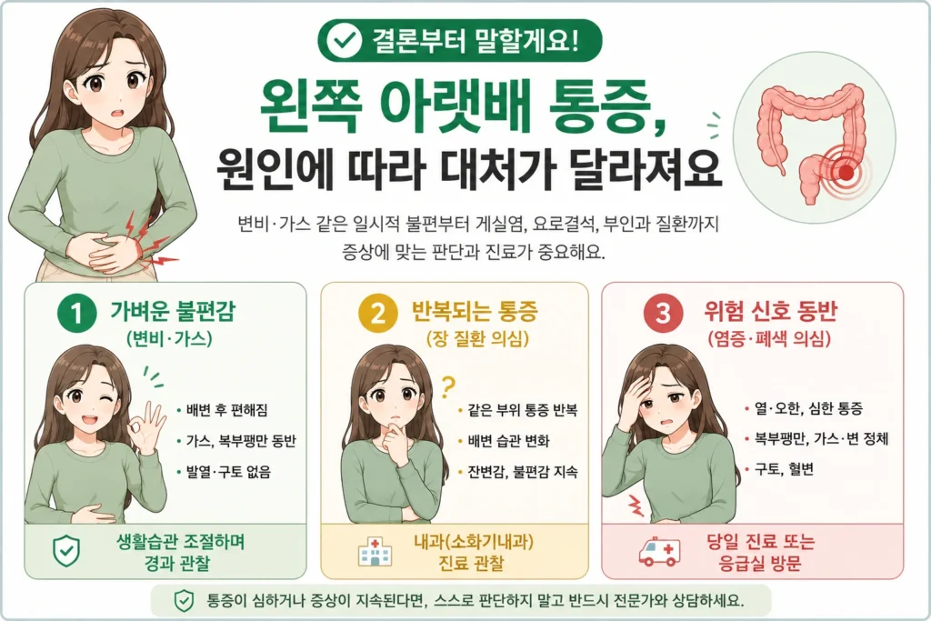 왼쪽 아랫배 통증이 있을 때 변비·가스처럼 지켜볼 수 있는 경우, 반복되는 장 증상, 열·오한·심한 통증 같은 위험 신호를 여성 대표캐릭터와 초록·노랑·빨강 3단계로 정리한 이미지
