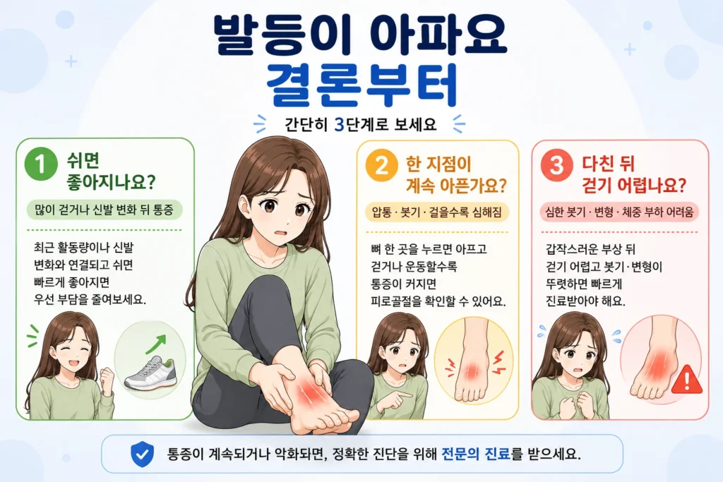 많이 걷거나 신발 변화 뒤 쉬면 좋아지는 발등 통증, 한 지점 압통과 붓기가 계속되는 경우, 다친 뒤 걷기 어려운 경우를 여성 대표캐릭터와 초록·노랑·빨강 카드로 구분한 결론부터 이미지