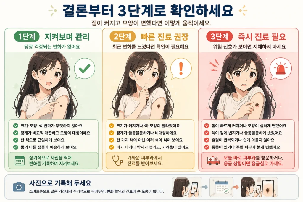 점의 크기·모양·색 변화가 거의 없는 경우, 최근 변화를 확인해야 하는 경우, 빠르게 커지거나 피·딱지 같은 변화가 있는 경우를 일본풍 애니 스타일 여성 대표캐릭터와 초록·노랑·빨강 카드로 구분한 결론부터 이미지