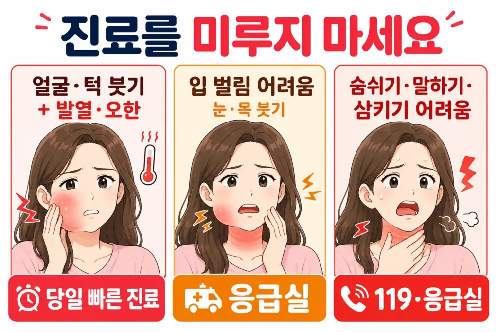 얼굴과 턱 붓기·발열·오한, 입 벌림 제한과 눈·목 주변 붓기, 숨쉬기·말하기·삼키기 어려움이 있을 때 당일 진료나 응급실 방문이 필요함을 대표 여성 캐릭터로 보여주는 3컷 이미지