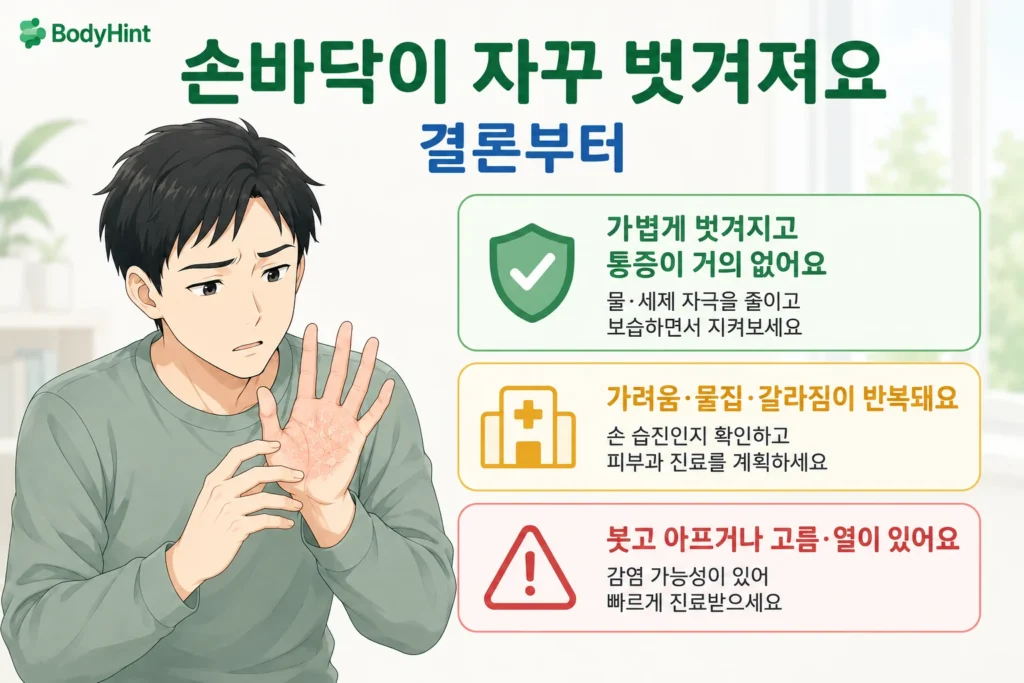 손바닥이 자꾸 벗겨질 때 가볍게 벗겨지고 통증이 거의 없는 경우, 가려움·물집·갈라짐이 반복되는 경우, 붓고 아프거나 고름·열이 있는 경우를 일본 애니풍 남성 대표캐릭터와 초록·노랑·빨강 카드로 구분한 결론부터 이미지