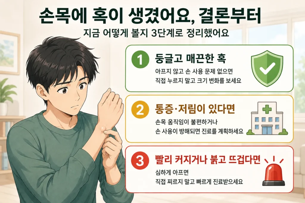 손목에 둥글고 매끈한 혹이 있지만 아프지 않은 경우, 통증·저림이 있거나 손목 사용이 불편한 경우, 혹이 빠르게 커지거나 붉고 뜨겁고 심하게 아픈 경우를 일본 애니풍 남성 대표캐릭터와 초록·노랑·빨강 3단계 카드로 정리한 결론부터 이미지